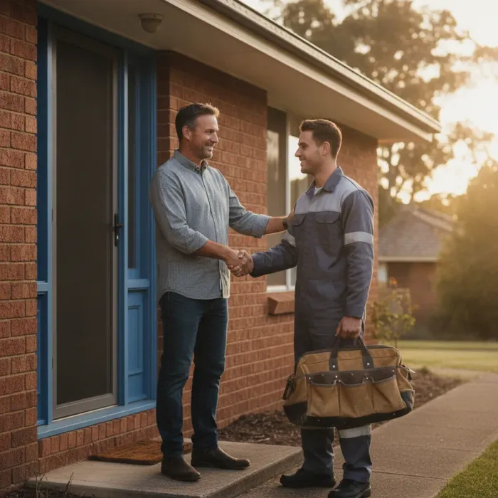 A customer shaking hands with a tradesperson at their front door at the end of a job
