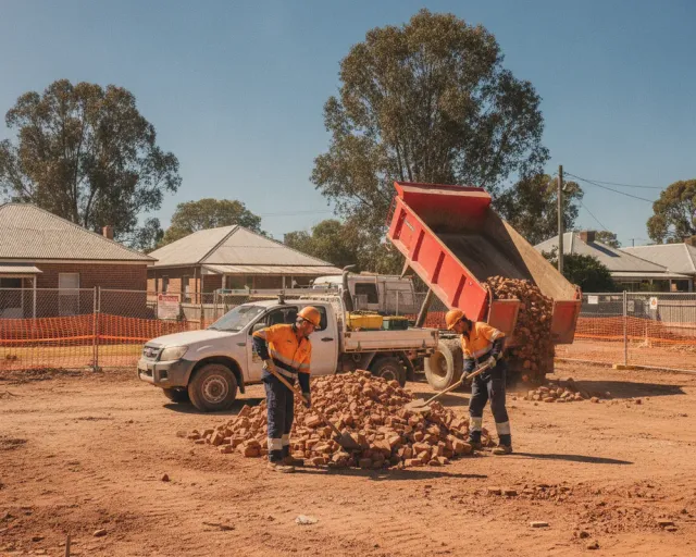 A demolition crew in hi-vis loading brick rubble into a tipper truck on a cleared Australian residential block, temporary fencing and a signed work ute in frame