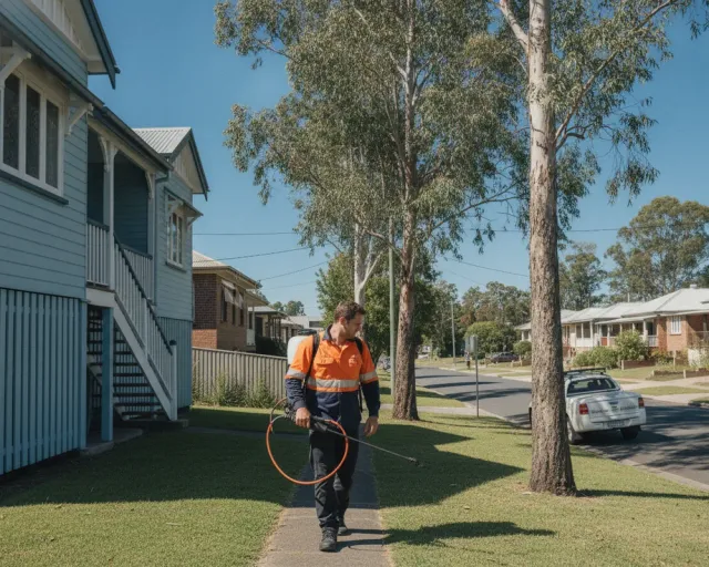 A pest control technician walking the perimeter of a Queenslander home with a backpack spray unit, signed ute parked at the kerb on a bright suburban street