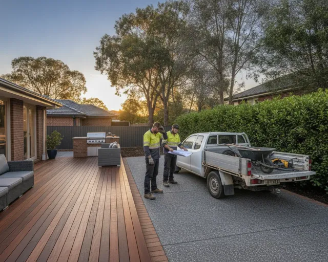 A finished Australian backyard at dusk with a hardwood deck, exposed aggregate paving and a lilly pilly screen, the landscaping crew standing beside their branded ute