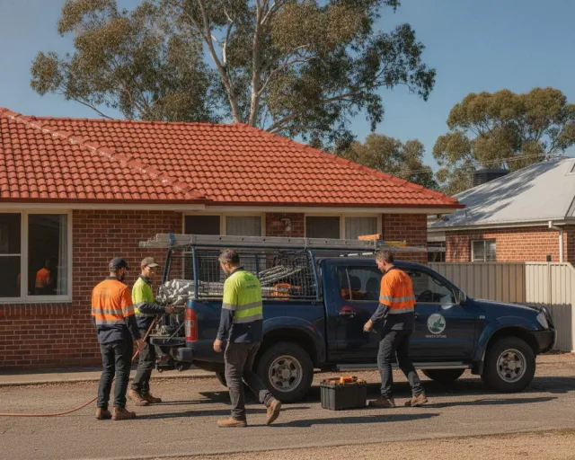 A roofing crew packing up beside their branded ute outside a red brick Australian home with a freshly restored tile roof