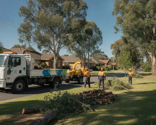 A tree service crew beside a signed truck and wood chipper on an Australian suburban street, cut branches stacked on the nature strip