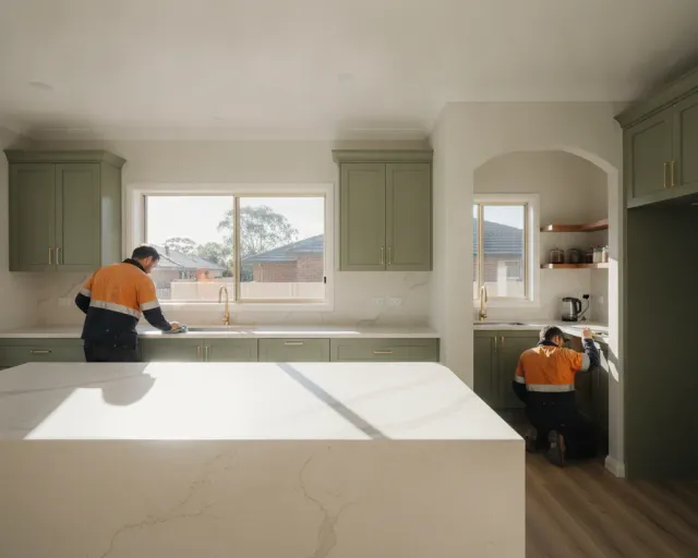 A finished custom kitchen in an Australian home, waterfall stone island, shaker cabinetry and a butler’s pantry visible behind it