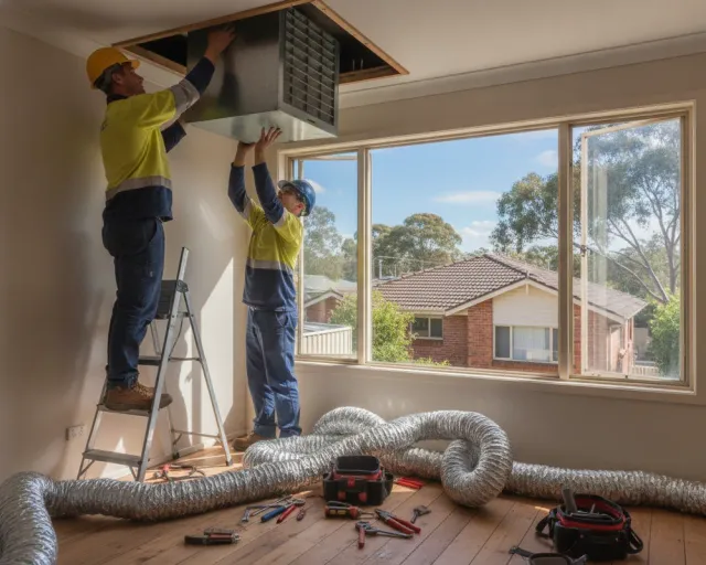 Two air conditioning fitters lifting a ducted indoor unit into the roof cavity of a Queensland home, flexible duct and tools on the floor below