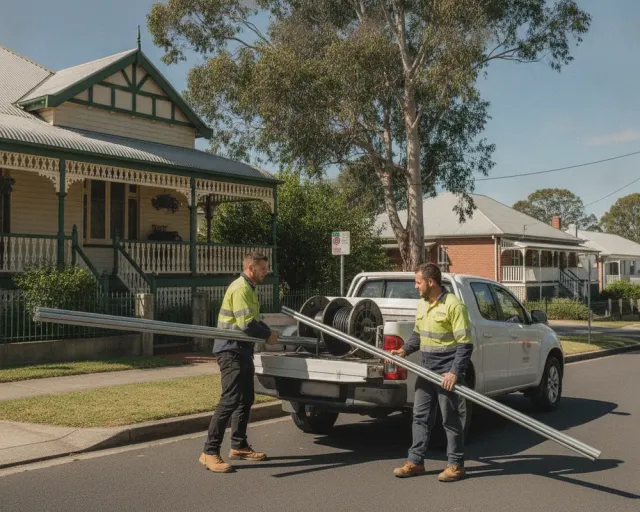 Two electricians loading conduit and cable drums into a signed ute outside a Brisbane Queenslander on a bright day