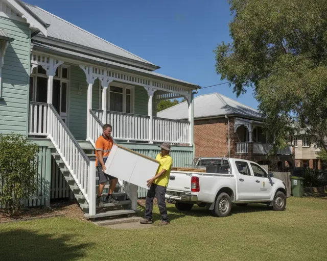 A two-person renovation crew outside a Queenslander home beside a signed work ute, carrying a new wall-hung vanity up the front steps