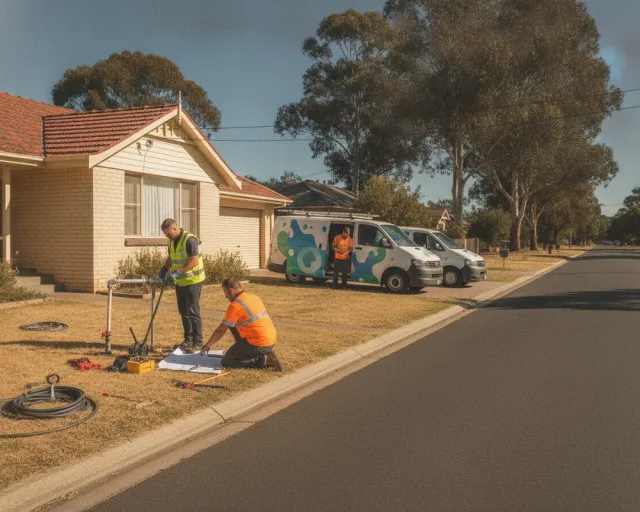 A plumbing team and their signed vans outside an Australian home