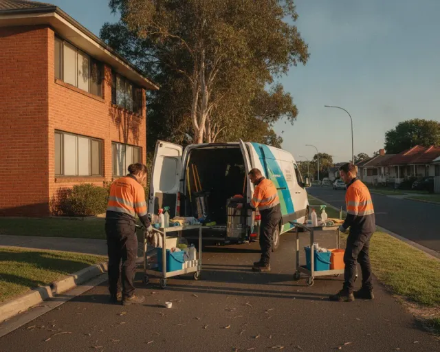 A commercial cleaning crew loading trolleys and vacuums into a signed van outside a suburban Australian office building at dusk
