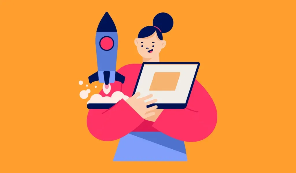 Illustration of a person launching a rocket from a tablet, for the evaluation stage