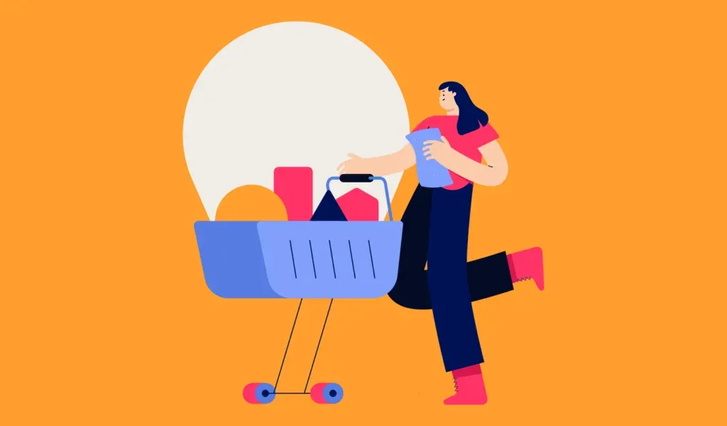Illustration of a shopper loading a basket, for the purchase stage