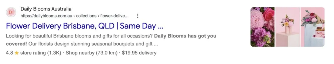Google result: Daily Blooms ranking first for flower delivery brisbane