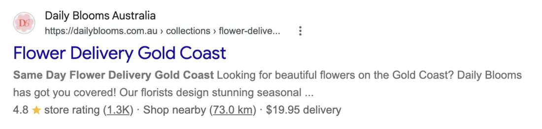 Google result: Daily Blooms ranking first for flower delivery gold coast