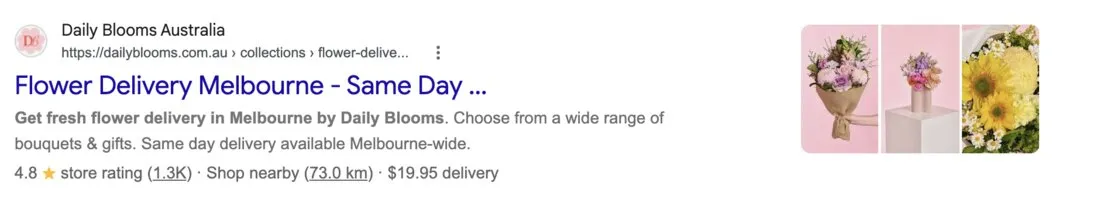 Google result: Daily Blooms ranking first for flower delivery melbourne