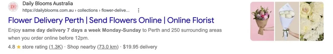 Google result: Daily Blooms ranking first for flower delivery perth