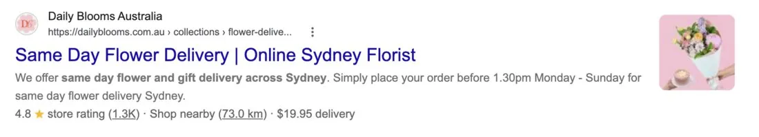 Google result: Daily Blooms ranking first for flower delivery sydney