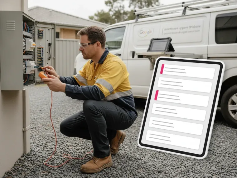 Google search results for “switchboard upgrade Brisbane” on a laptop, with an Australian electrical contractor ranking first