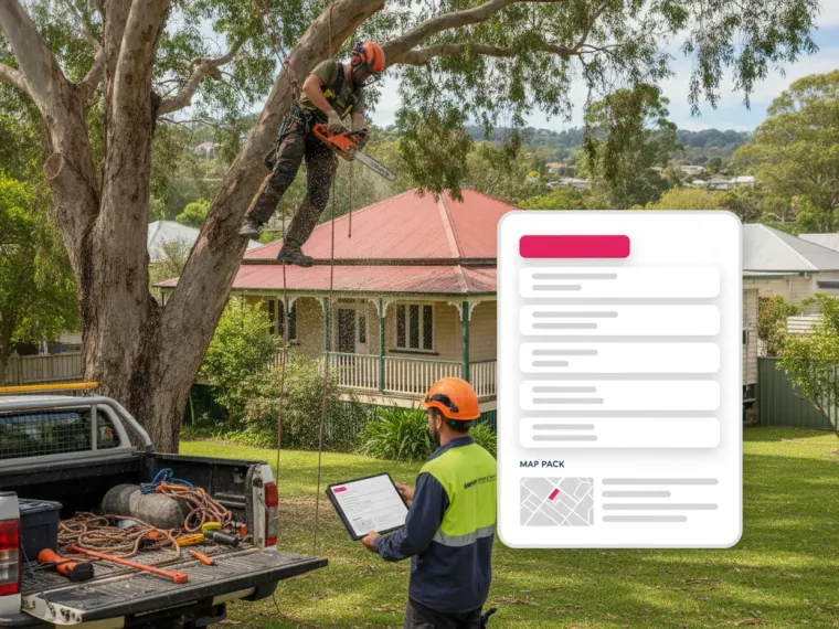 Google search results on a laptop for “tree removal Brisbane”, the client’s tree service ranking first with a map pack below it