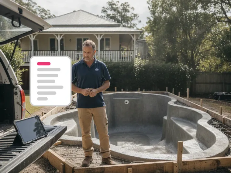 Google search results on a laptop for “concrete pool builders Brisbane”, with an Australian pool company ranking first above the map pack