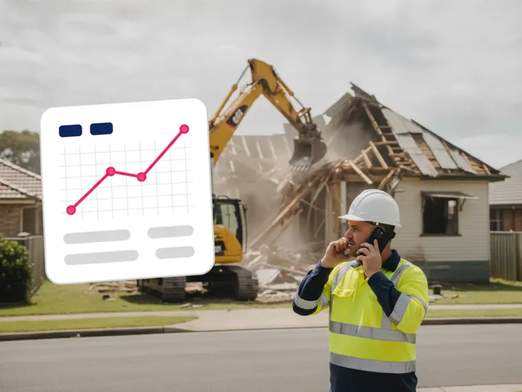 A Google Ads dashboard showing quote requests climbing for a demolition account, with campaigns named House Demolition, Asbestos Removal and Strip Out