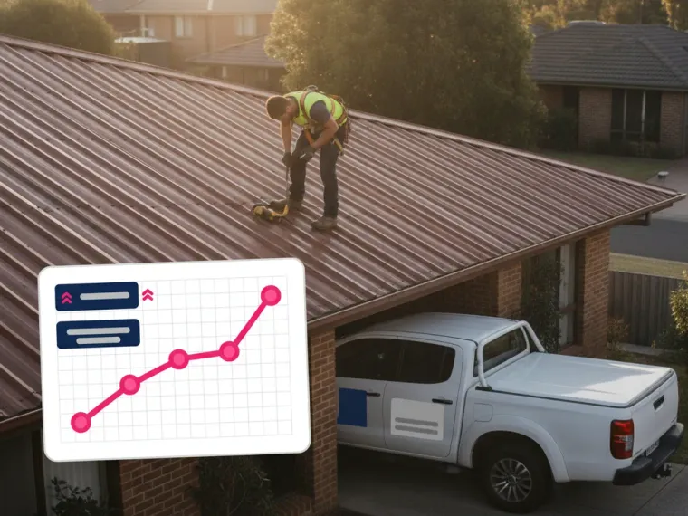 A Google Ads dashboard on a desk monitor showing call volume spiking for a roofing campaign the week after a hailstorm
