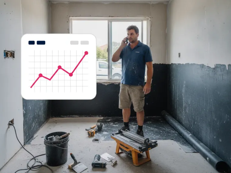 A Google Ads dashboard on a monitor showing quote request volume climbing for a bathroom renovation campaign