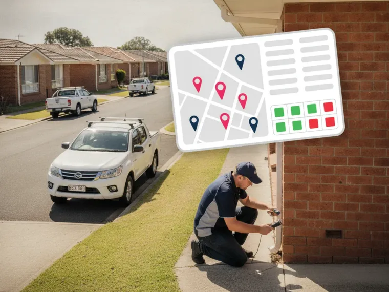 A Google Maps local pack for pest control in an Australian city beside a suburb rank grid of green and red pins