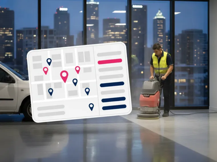 A Google Maps local pack for commercial cleaning in an Australian city beside a suburb rank grid