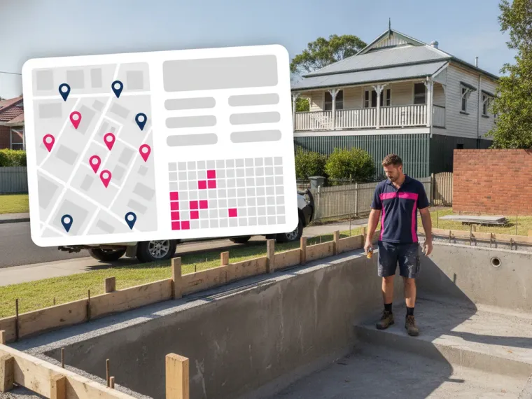 A Google Maps local pack for pool builders in a Perth suburb beside a rank grid heat map of the surrounding area