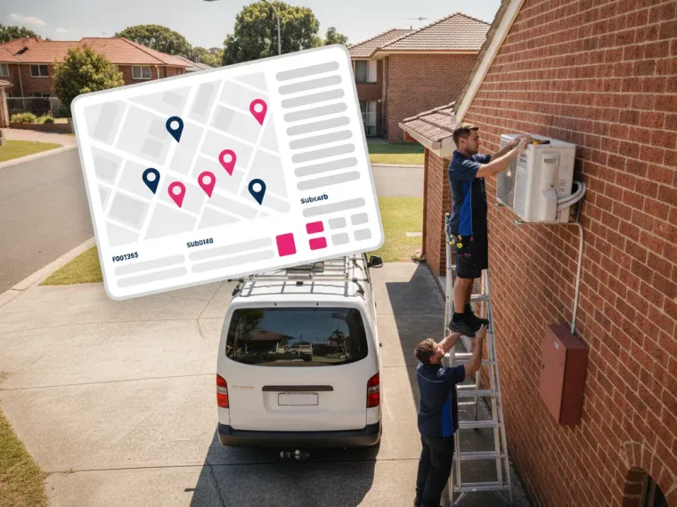 A Google Maps local pack for “air conditioning installation” beside a colour-coded suburb rank grid