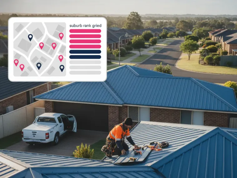 A Google Maps three-pack for “roofing Gold Coast” beside a colour-coded suburb rank grid