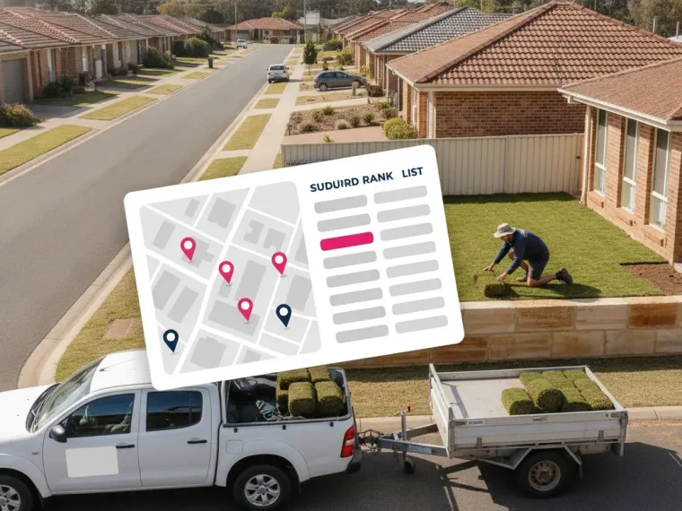 A Google Maps local pack for landscapers in an Australian city, beside a suburb rank grid