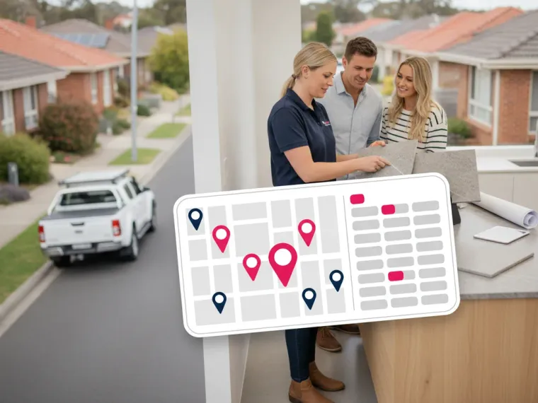 A Google Maps local pack for kitchen renovations beside a suburb rank grid for a kitchen company