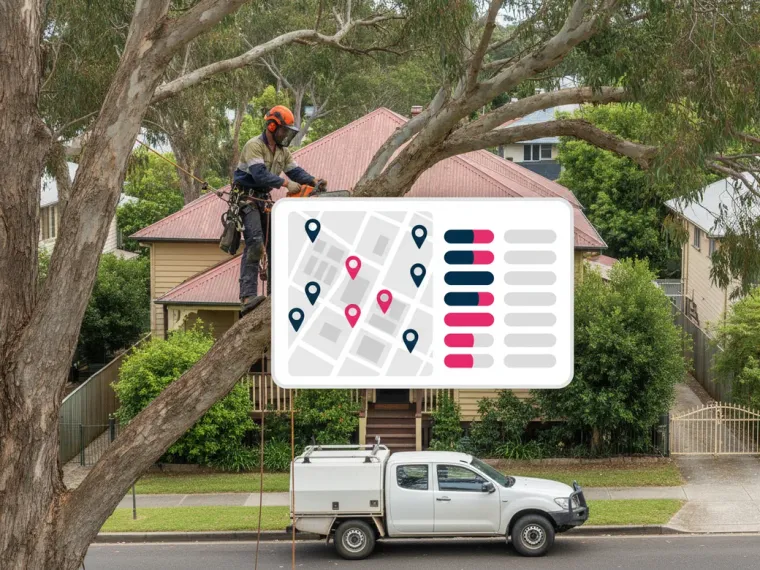 A Google Maps local pack for “tree removal” in an Australian city, shown beside a colour-coded suburb rank grid