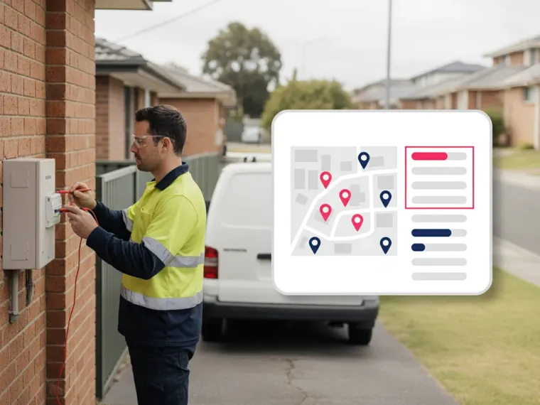 A Google Maps three-pack for “electrician Sydney” beside a colour-coded suburb rank grid on a phone screen