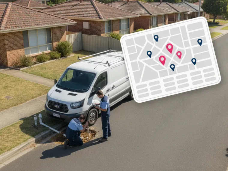 A Google Maps local pack and a suburb rank grid for a plumbing business