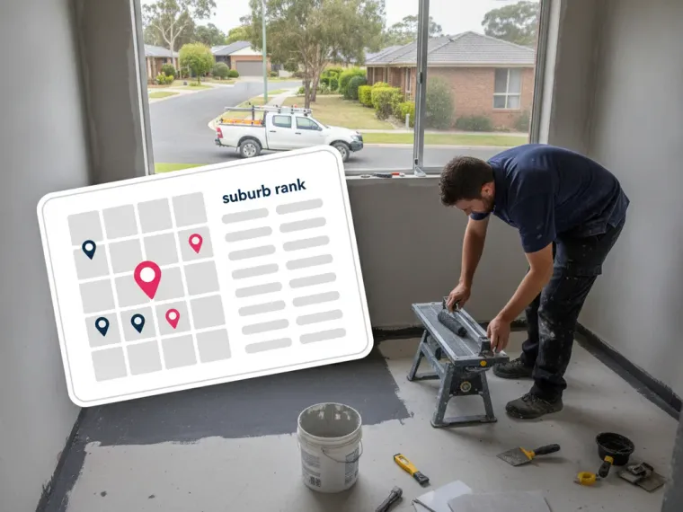A Google Maps local pack for bathroom renovators beside a suburb rank grid over an Australian city