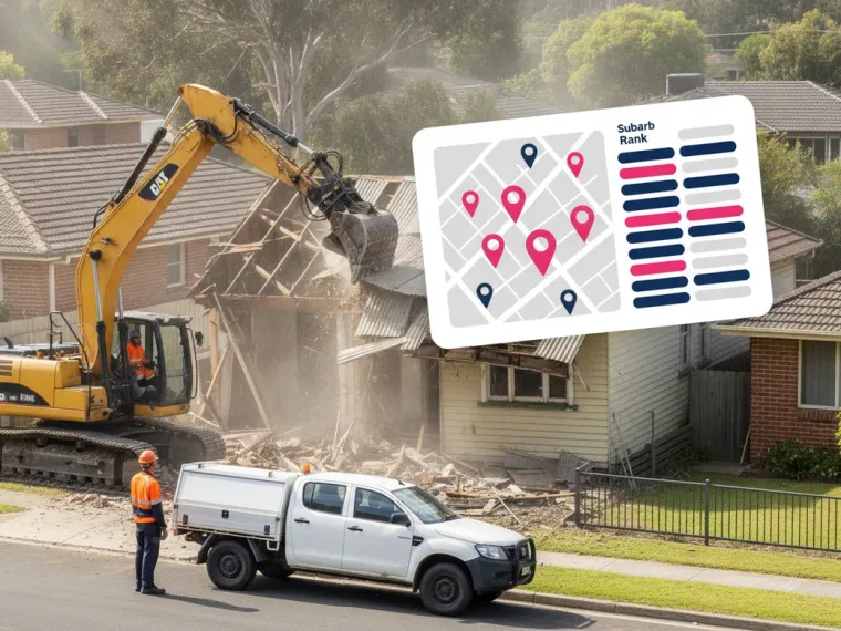 A Google Maps three-pack for demolition contractors in a Sydney suburb beside a colour-coded suburb rank grid