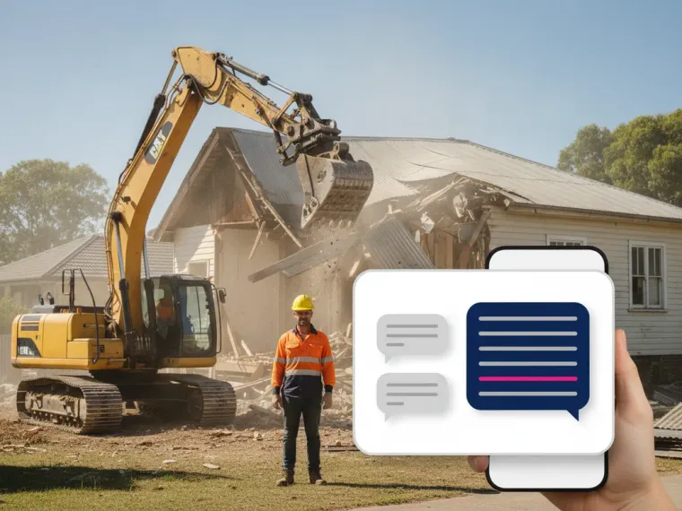 A ChatGPT answer on a phone recommending an Australian demolition company for a knockdown rebuild