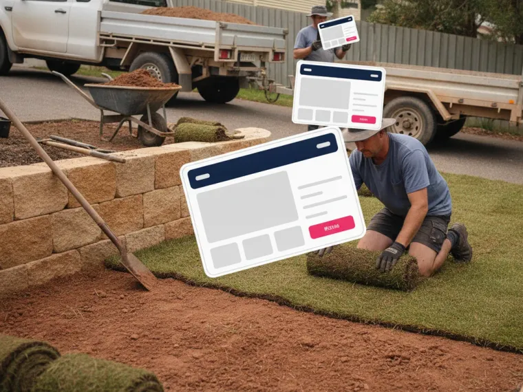 A landscaping project gallery page open on a laptop and phone, showing a finished hardwood deck and sandstone retaining wall