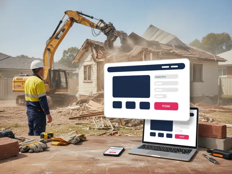 A demolition landing page open on a laptop and a phone, showing a quote form beside photos of a weatherboard house mid-knockdown