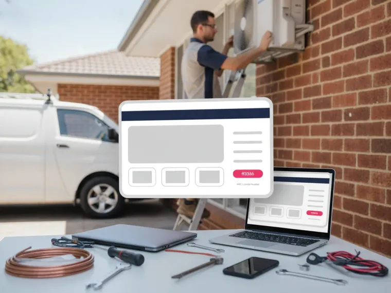 An air conditioning landing page open on a laptop and a phone, quote form and ARC licence number visible