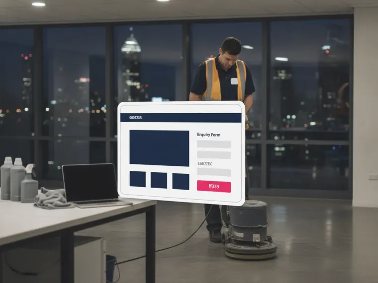 A commercial cleaning landing page open on a laptop and a phone, with the site walkthrough booking form visible
