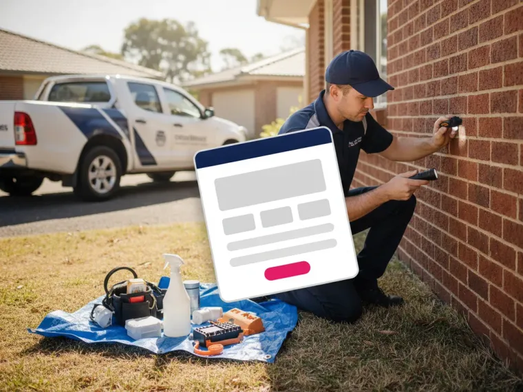 A pest control landing page open on a laptop and a phone, the termite inspection booking form visible on both