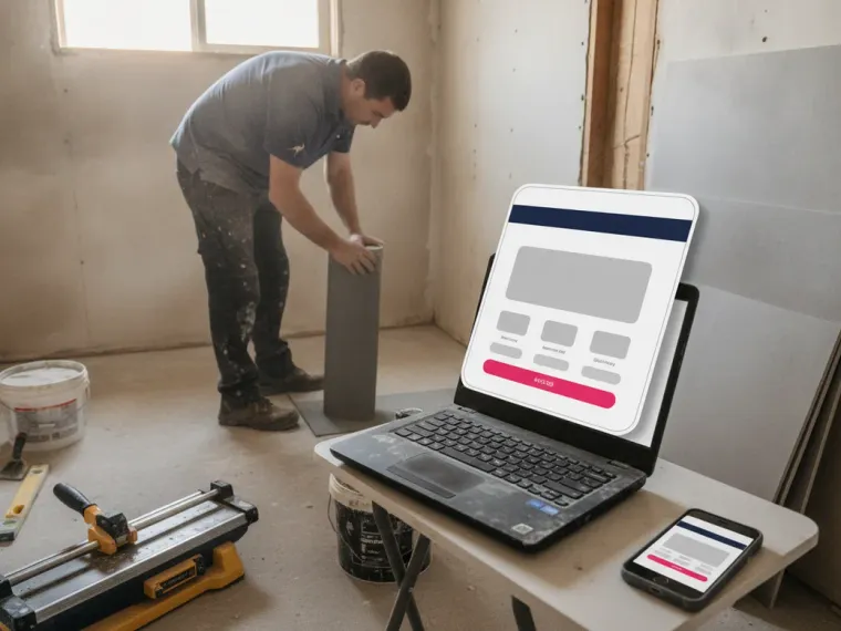 A bathroom renovation landing page open on a laptop and a phone, showing a before and after gallery and a quote form