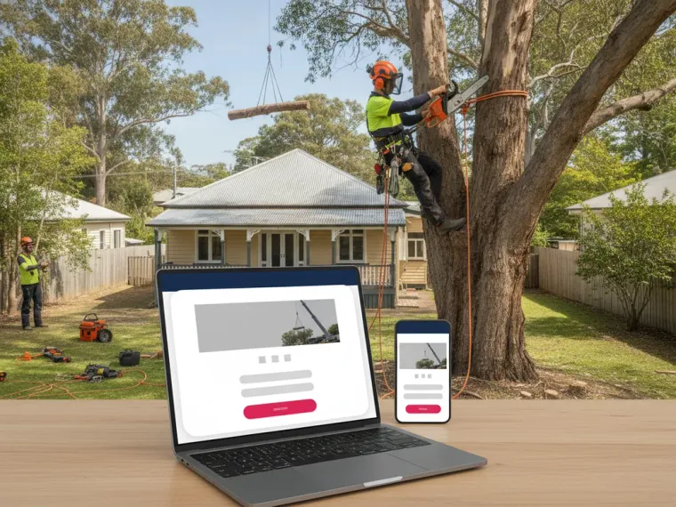 A tree removal landing page open on a laptop and a phone, quote form visible, a crane removal photo in the hero
