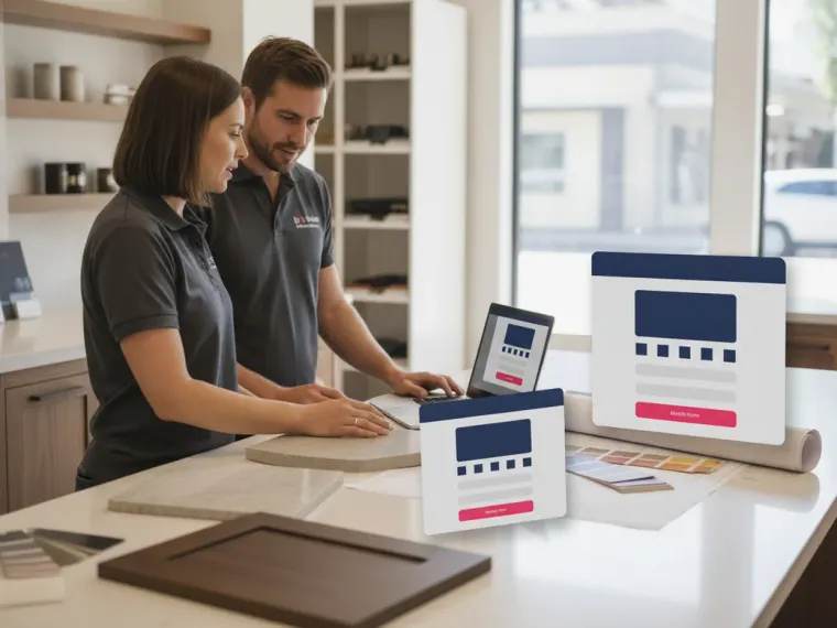 A kitchen renovation landing page on a laptop and phone, with the design consultation booking form visible