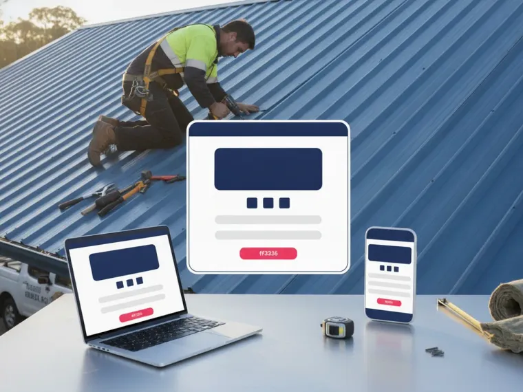 A roofing landing page open on a laptop and a phone, showing a before and after restoration gallery above a quote form