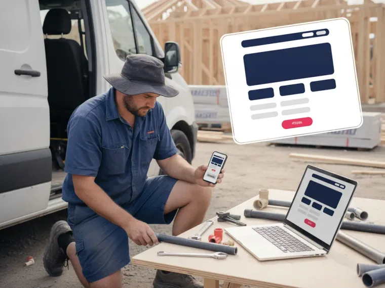 A plumbing landing page on a laptop and phone, with the quote form visible