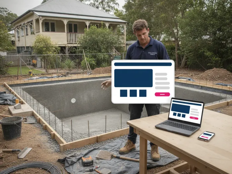 A pool builder landing page shown on a laptop and phone, gallery of finished Australian pools with a design consultation booking form