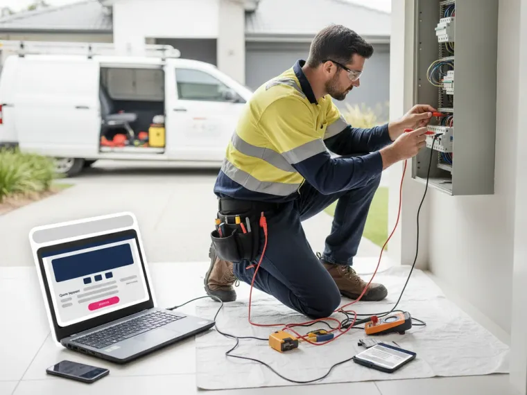 An electrical contractor landing page open on a laptop and an iPhone, quote form and phone number visible above the fold